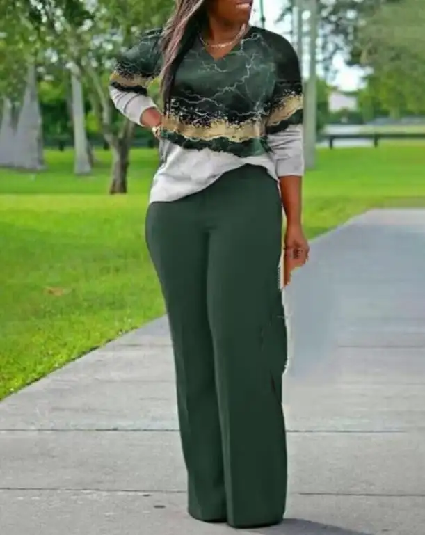 Two Piece Sets Womens Outifits 2023 Spring Fashion Marble Print V-Neck Long Sleeve Top & Casual High Waist Daily Long Pants Set - Image 5
