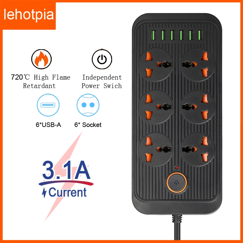 Lehotpia Power Strip EU/UK/US Electrical Socket  Plug 6 USB Ports 3.1A Fast Charing 2M Cable Network Filter Extension Adapter