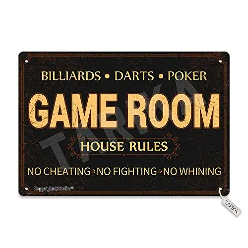 

Billiards Darts Poker Game Room House Rules No Cheating No Fighting No Whining Metal Vintage Look Decoration Poster Sign for H