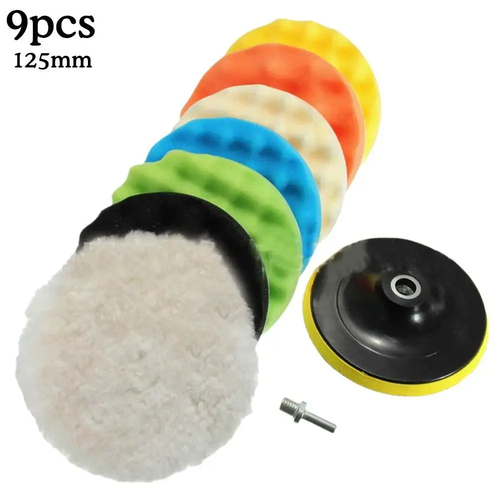 

5inch 9pcs Car Sponge Polishing Disc Wheel Polishing Waxing Disc Pad Kit Polisher Drill Adapter Car Beauty Paint Care Tools