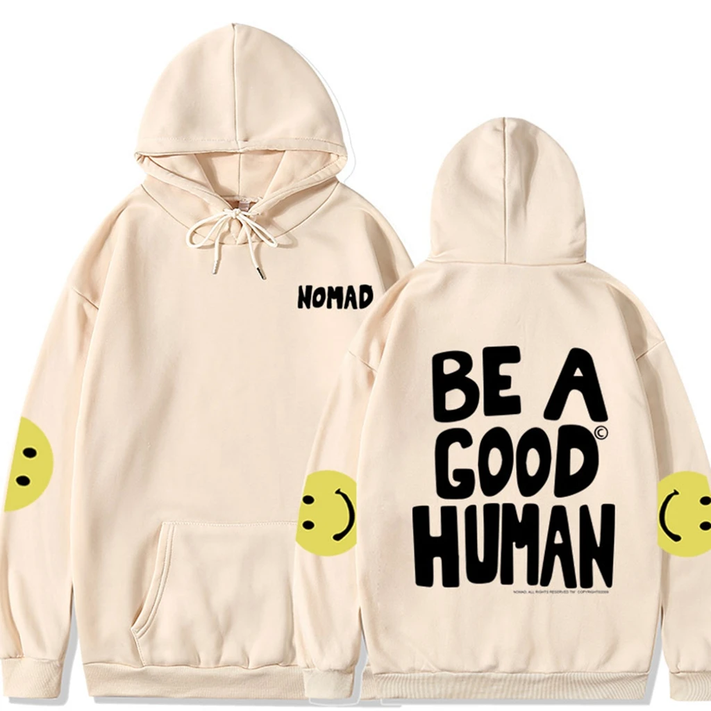 NOMAD BE A GOOD HUMAN JIM 주변 동일 후드, Y2k 후드 셔츠 탑, 여성 의류, 루즈 풀오버, 가디건, 스웻셔츠