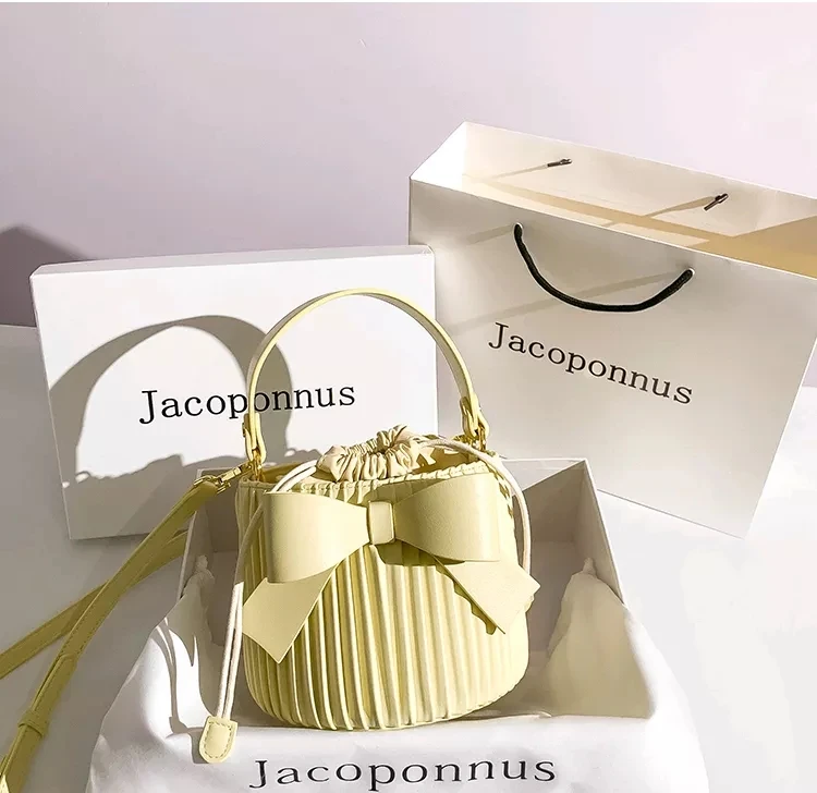 

Fahion New Striped Bow Textured Soft Leather Yellow Color Bucket Bag Lady Purse Women's Handbag Female Shoulder Messenger Bag