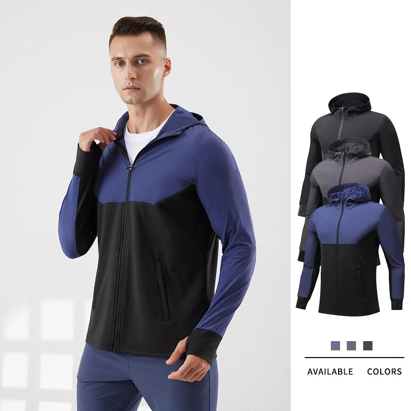 

Autumn And Winter Outdoor Fleece-lined Sports Jacket Men's Stitching Windproof Warm Riding Sweatshirt Hooded Fitness Sportswear