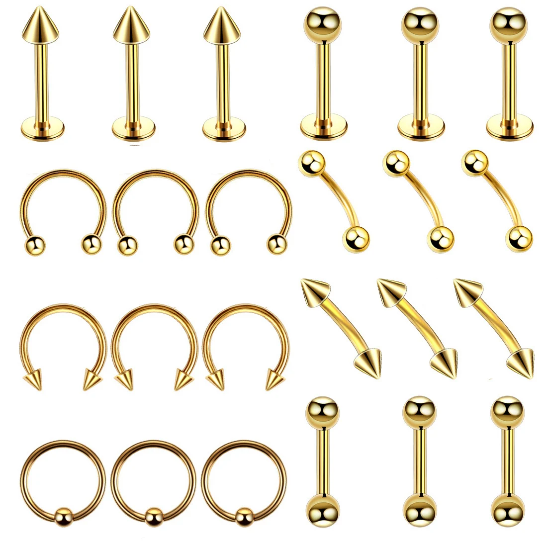 24PC Set Surgical Stainless Steel Body Piercing Jewelry Bulk Nose Ring Tongue Bar Stud Earring Eyebrow Labret Horseshoe Lot Pack