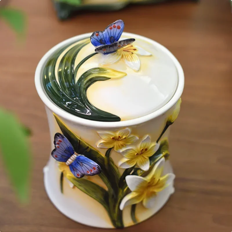 Hand Drawn Butterfly Orchid Ceramic Fruit Tray, Kitchen Storage Box, Sugar Jar, Living Room Dining Table Decoration Accessories 4