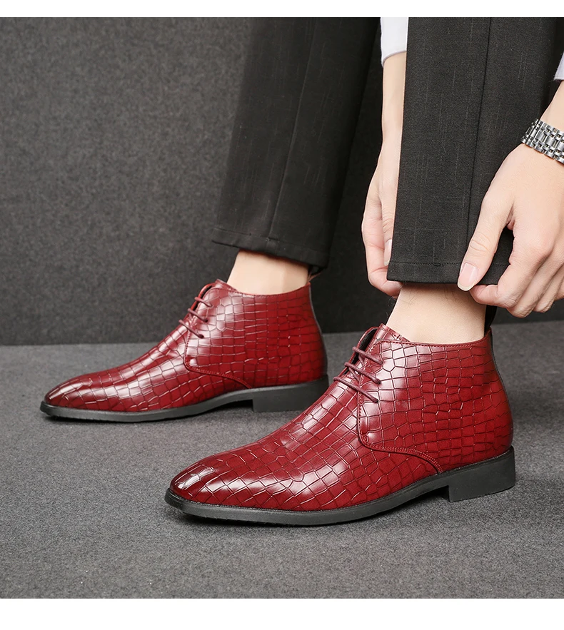 Gelb Schwarz Rot Männer Stiefel Schnüren Formale Büro Leder Casual Schuh Elegante Mode Designer Oxford Stil Chelsea Stiefeletten – Detail 16