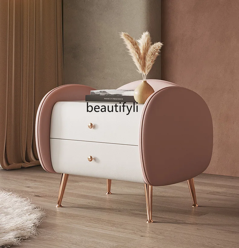 

Light Luxury Stone Plate Bedside Table New Leather Italian Minimalist Design Sense Bedside Cabinet