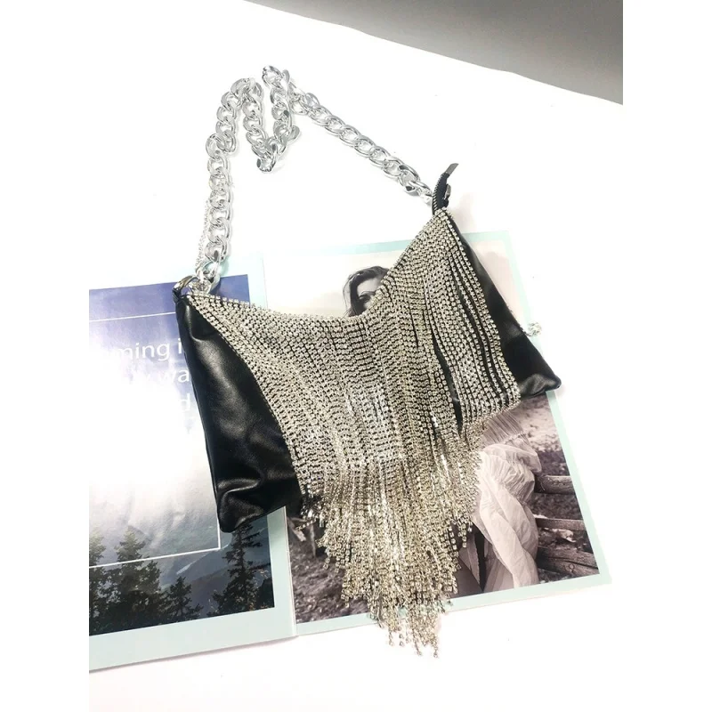 Ladies Purses Handmade Diamond Tassel Moon Necklace Leather Heavy Metal New Shoulder Bag