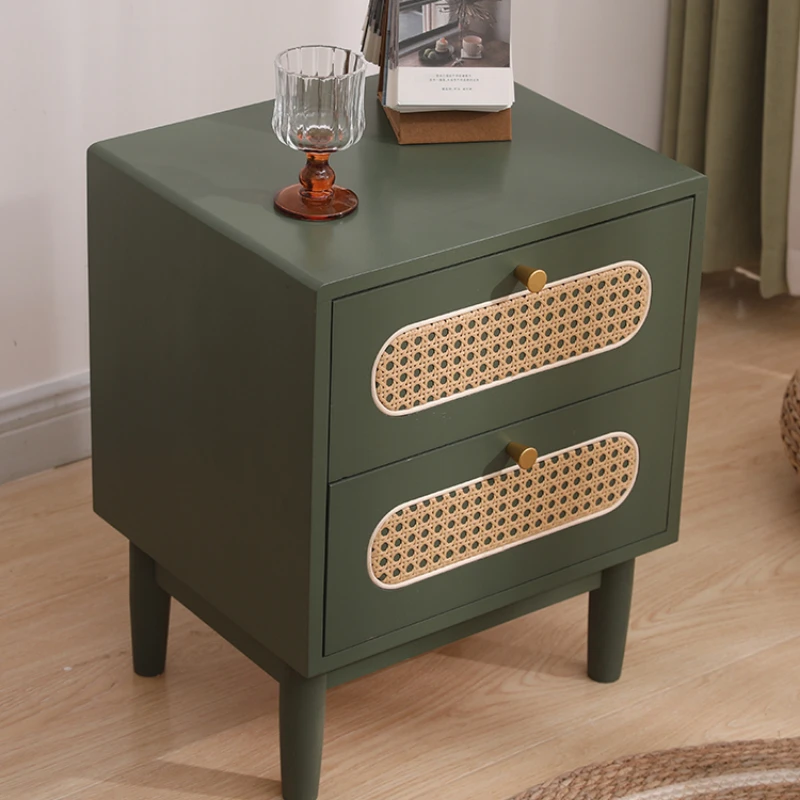 Nightstands Set of Bedside Table with Drawer and Shelf Handmade Rattan Decorated Doors Night Stands for Bedroom