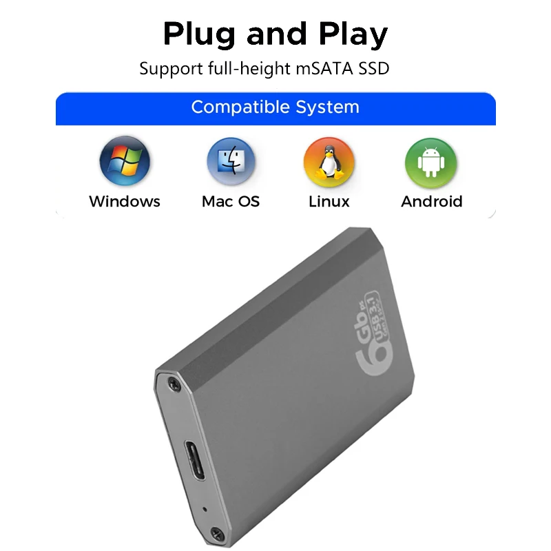 SSD Enclosure mSATA to USB 3.1 Gen2 10Gbps Adapter Case with Type C Port for mSATA Internal Solid State Drive Hard Drive