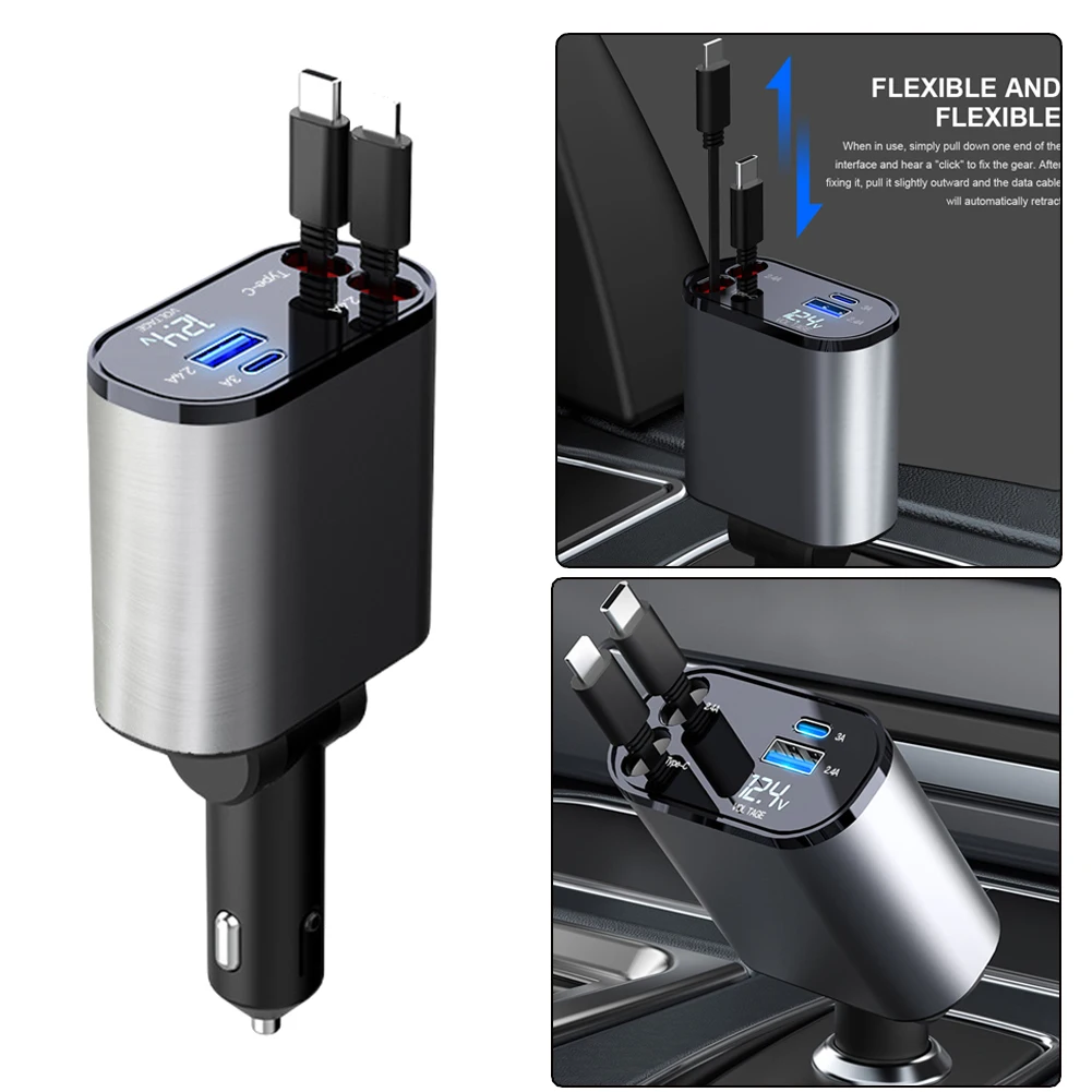 

120W 4 IN 1 Retractable Car Charger USB Type C Cable For IPhone Xiaomi Huawei Samsung Fast Charge Cord Cigarette Lighter Adapter