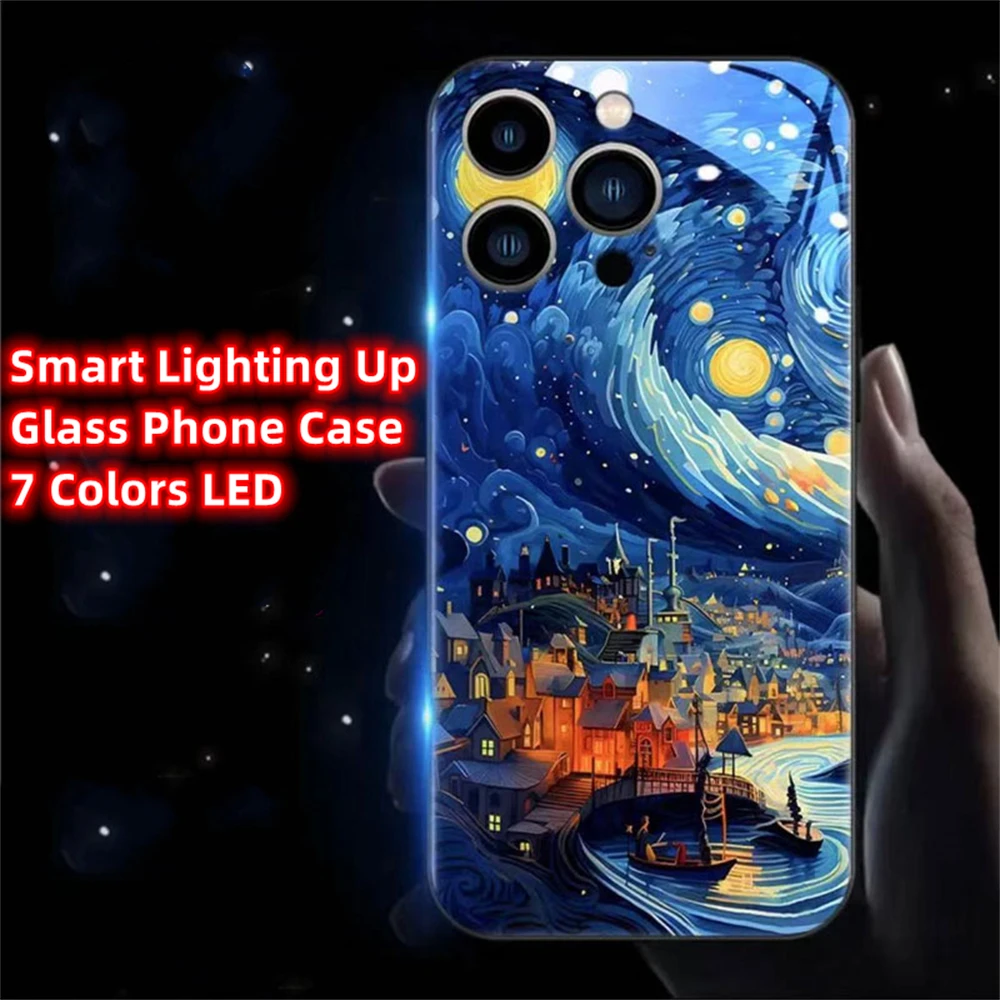 

Psychedelic Starry Sky Smart LED Light Up Glass Phone Case Glow Cover For XiaoMi 13 12 11 Pro Ultra RedMi K60 K50 Poco F3 F4 F5