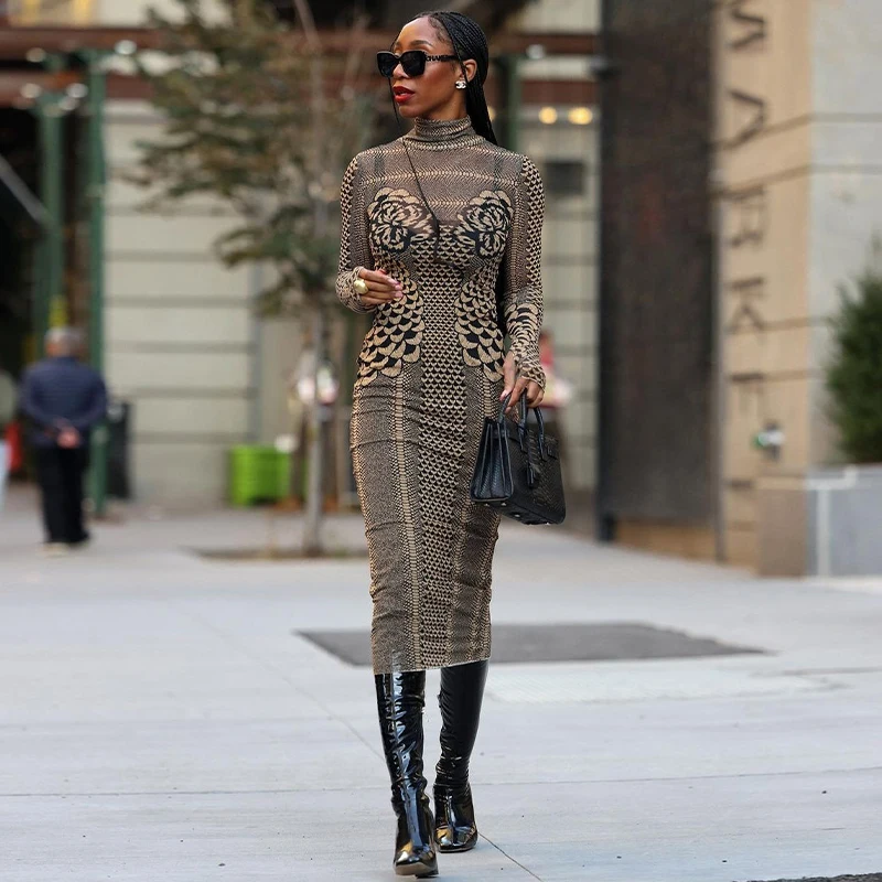 

Lygens Mesh Spaghetti Strap Print Midi Dress Long Sleeve Overall Women'S Sets Spring Y2K Streetwear Casual Clothes Wholesale