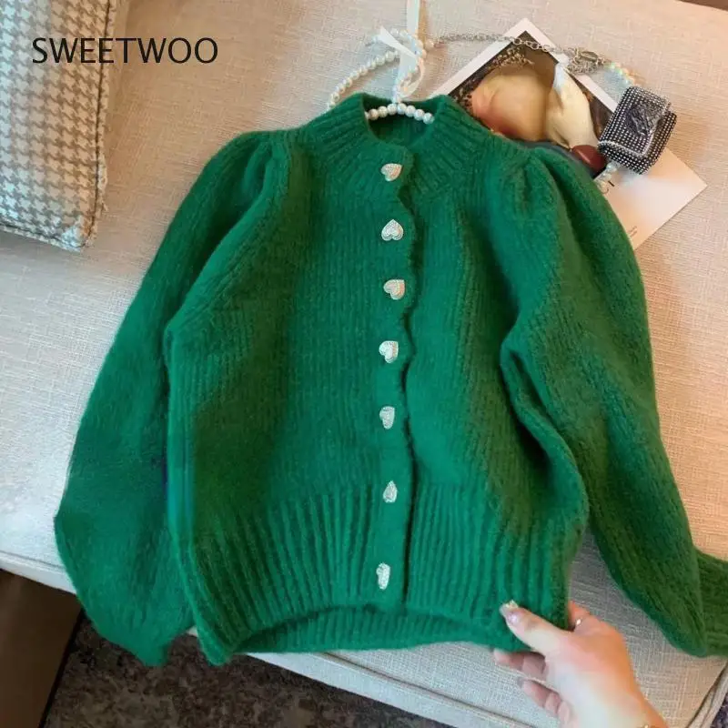 

Love Heart Single Breasted Sweater Coat Causal Korean Puff Sleeve Knitwear Tops 2021 Autumn Winter Cardigan Tide Chic Fashion