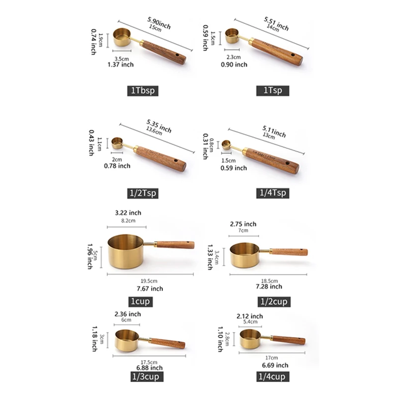 4PCS/8PCS Wooden Handle Measuring Cups And Measuring Spoons Stainless Steel Golden Measure Spoon And Measure Cup Set kitchen measuring spoons measuring spoon set measuring cup and spoon set