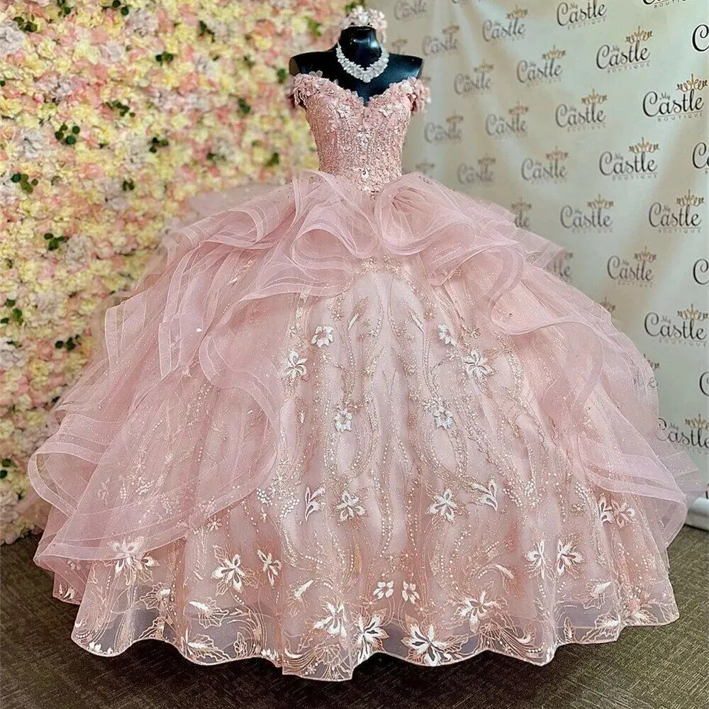 

3D Flora Sweetheart Quinceanera Dresses Off Shoulder Appliques Flowers Sweet 15 Birthday Princess Party Gowns Vestidos De 15 05