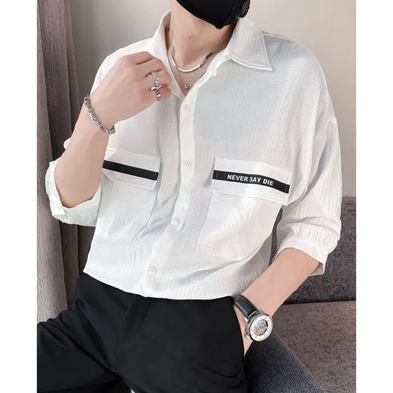 Summer New Men's Color Blocking Turn-down Collar Button Spliced Pockets Fashion Versatile 3/4 Sleeve Pi Shuai High End Shirt Top