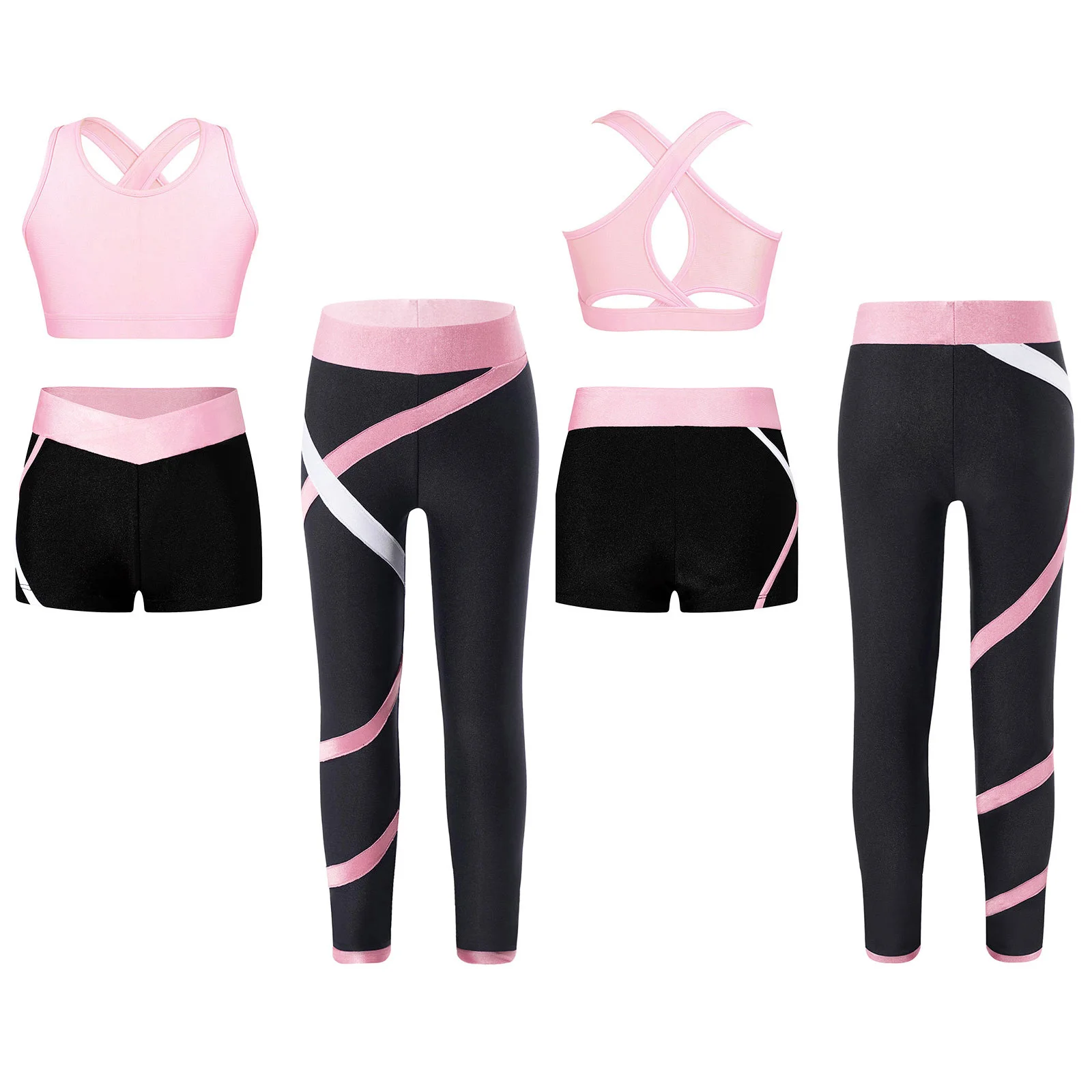 TiaoBug 3Pcs Kids Girls 6 to 16 Years Sports Set Cross Back Crop Vest with Contrast Color Pants Shorts for Running Workout Yoga