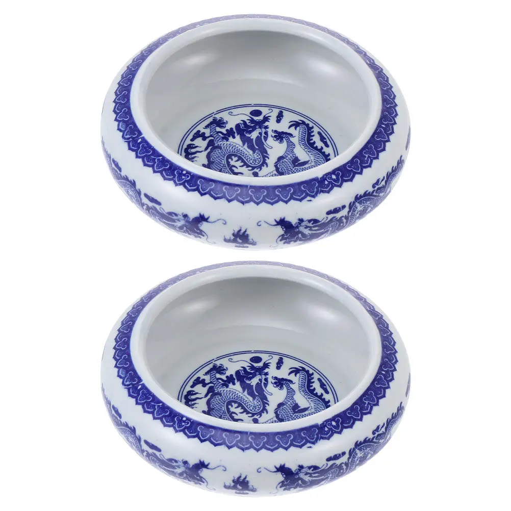 2Pcs 파란색과 흰색 도자기 잉크 브러쉬 와셔 세라믹 잉크 접시 서예 그림 연구 문구 용 다기능