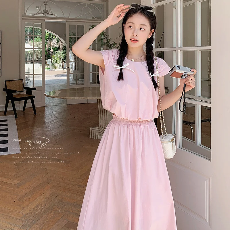 Summer Pink Skirts Suit Women Matching Sets Wrinkled Raglan Sleeves Cute Short Tops High Waist Slim Age Reduction Clothing Shirt