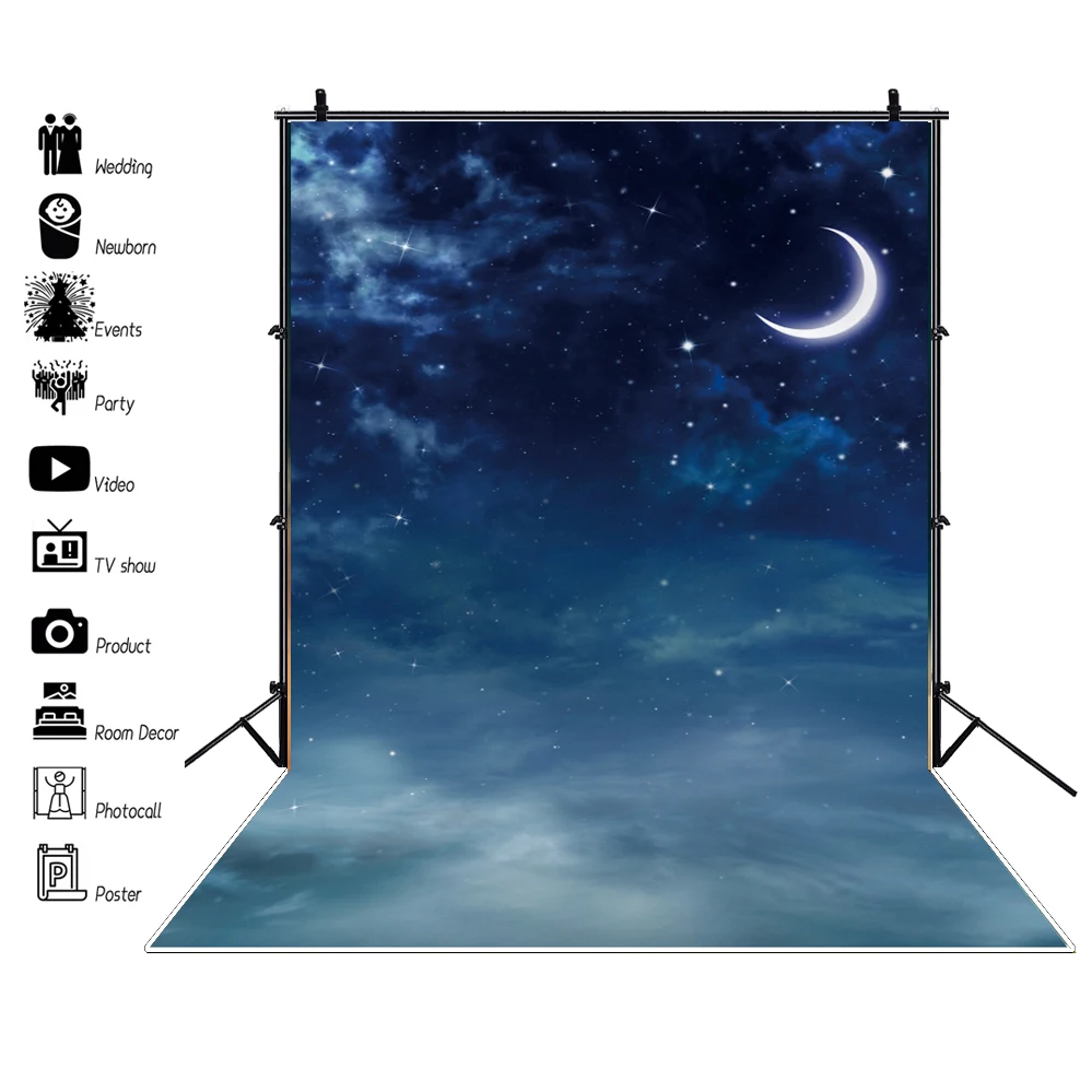 White Cloud Moon Night Baby Birthday Wooden Floor Backdrops Newborn Portrait Photo Backgrounds Baby Shower Photophone photo backdrop