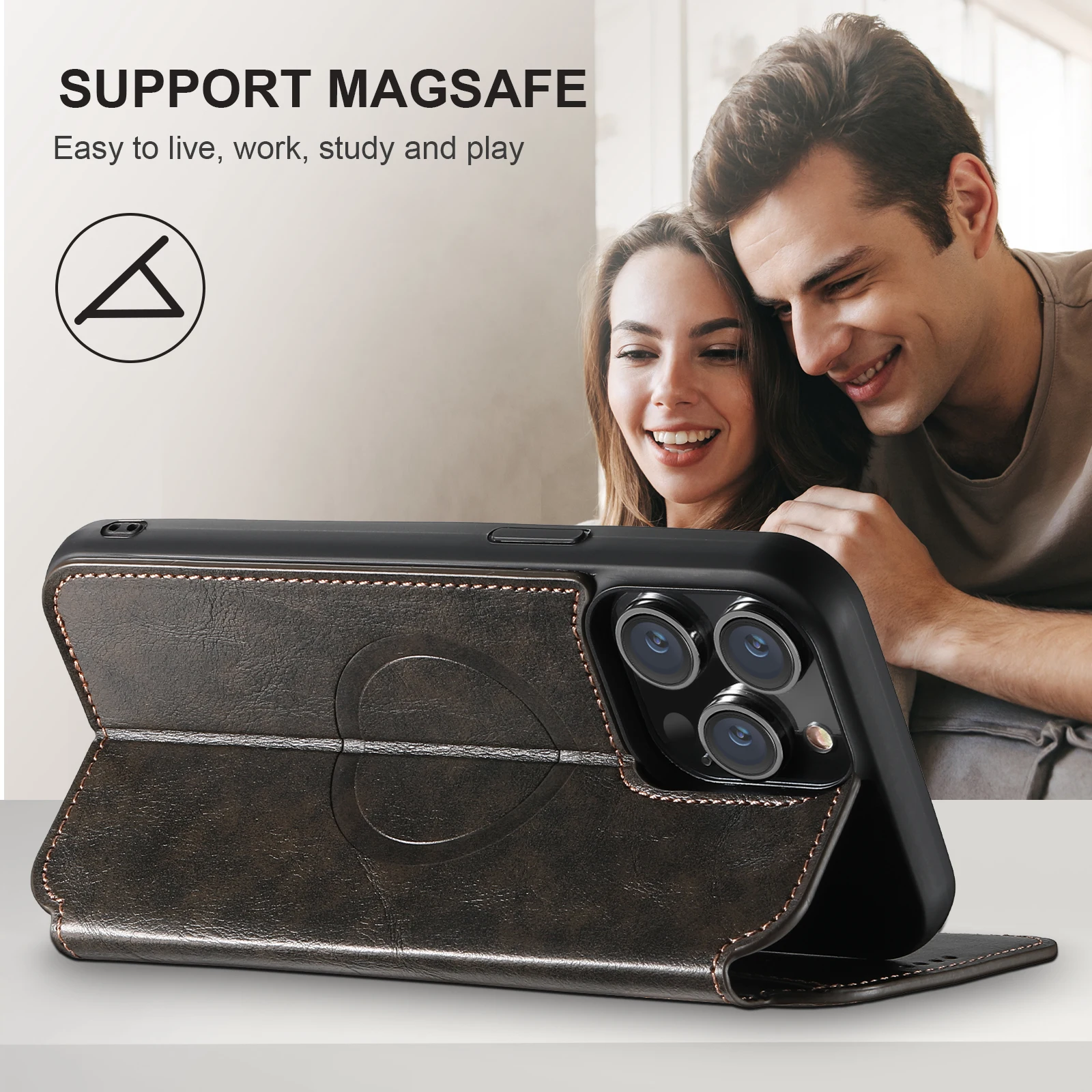 SUTENI Magsafe Leather Phone Case For iPhone 12 13 14 15 16 17 Pro Max Plus Flip Cover Wallet For Men Card Holder