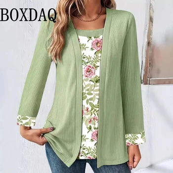 2025 New Spring Women T Shirts Casual Patchwork Print Fake Two Pieces Shirts Vintage Long Sleeve Loose Ladies Plus Size Tops 5XL 1