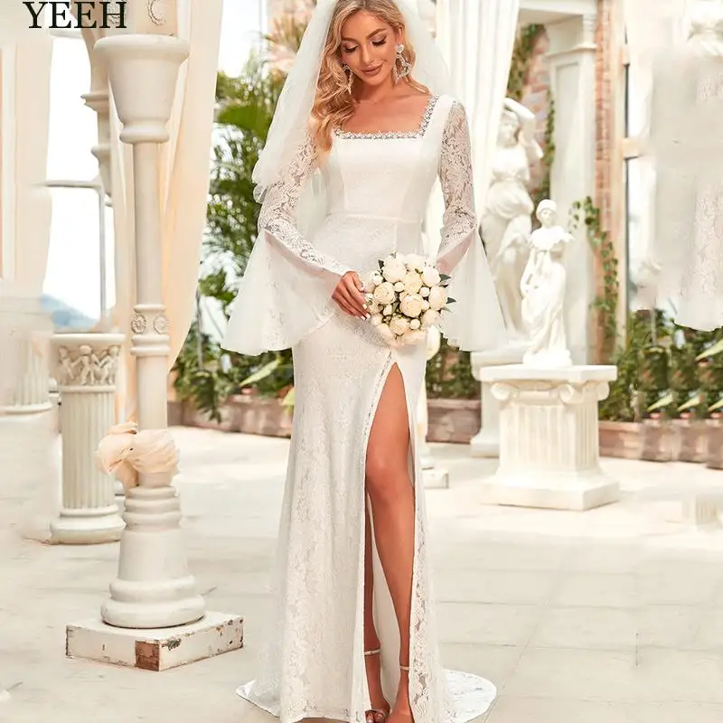

Женское свадебное платье с юбкой-годе YEEH, элегантное кружевное платье с расклешенными рукавами и высоким разрезом, платье-футляр с квадратным вырезом для невесты