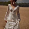 Bohemia Vintage Wedding Dresses For Women 2024 V-Neck Backless Bridal Gowns Flare Sleeves Lace Robe Vestidos De Novia Customized 1