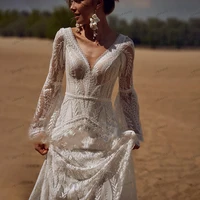 Bohemia Vintage Wedding Dresses For Women 2024 V-Neck Backless Bridal Gowns Flare Sleeves Lace Robe Vestidos De Novia Customized 1