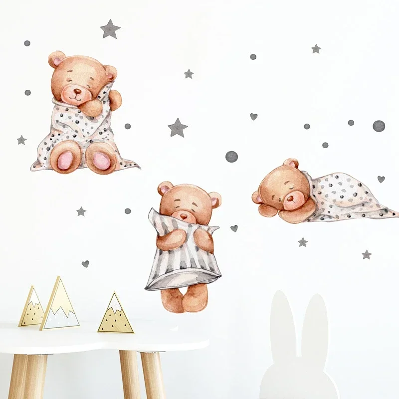 Cartoon Bear Good Night Kids Wall Stickers Baby Room Children Bedroom Wall Decals Clouds Moon Home Decoration Nursery Wallpaper
