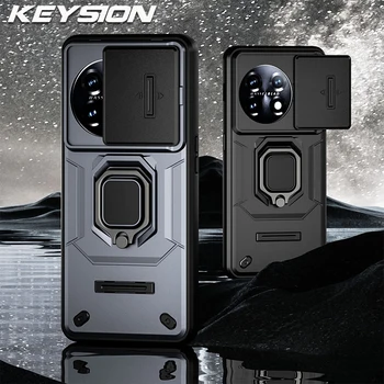 KEYSION Shockproof Armor Case for Oneplus 11 5G 11R Slide Camera Lens Protection Ring Stand Phone Back Cover for OnePlus 1+Ace 2