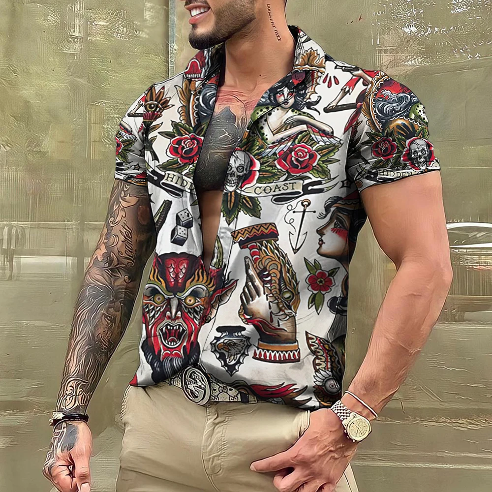 Summer Tattoo Shirt Hawaiian Shirts For Men Brand Short Sleeve Tops Tees Casual Men's Blouse Fashion Camisas De Hombre Clothing 5