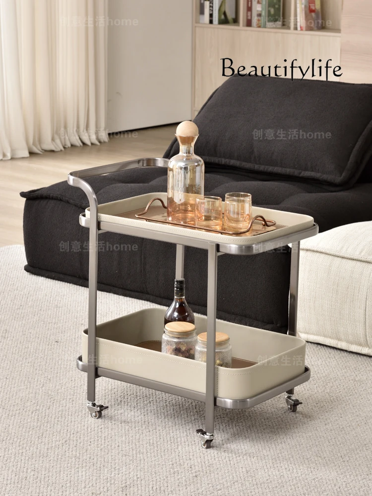 

Light Luxury Saddle Leather Mobile Sofa Side Table Trolley Tea Table Antique Style Stainless Steel Wheeled Storage