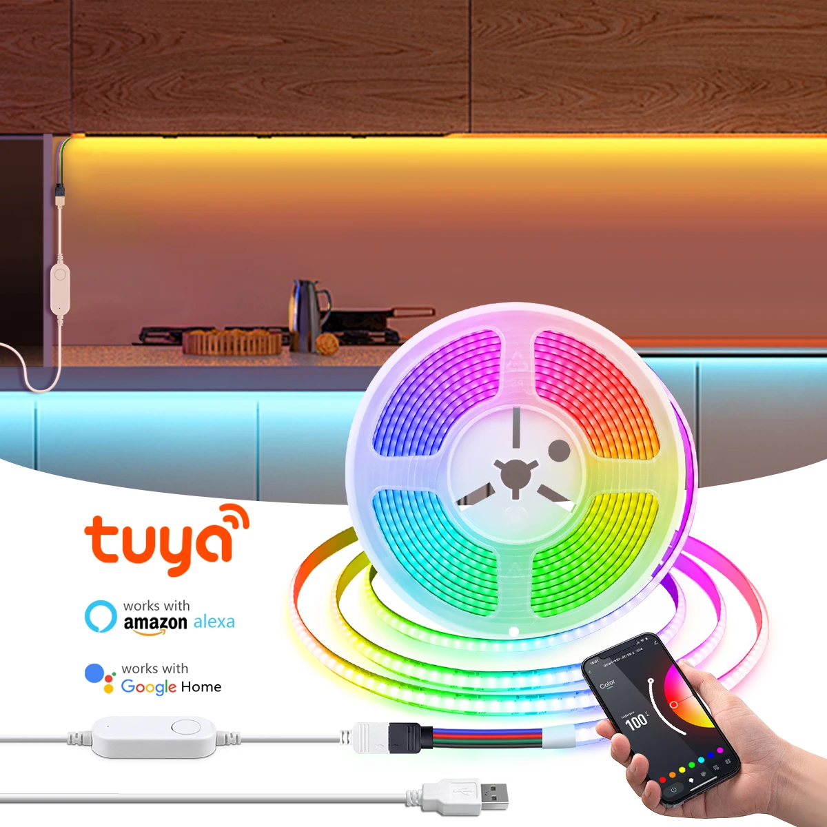 Tuya Smart RGB LED Strip Light USB 5V COB Flexible Ribbon Dimmable WiFi LED Tape APP Voice Control Work With Alexa Google Home