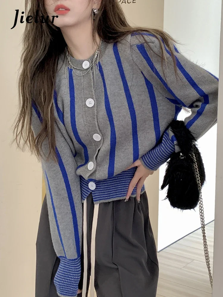 

Jielur Coffee Gray Striped Knitted Sweater Women Winter New Korean Long Sleeve Knitwear Short Women Cardigans Small Coat Female