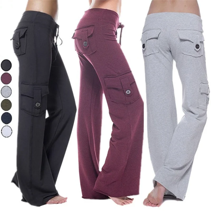 Women's Fashion Stretch Button Yoga Pants Wide Leg Sweatpants Bootleg Pants with Muti Pockets 6 Colors probon hot selling muti functional tool sets electric jack digital gauges tool set with factory price