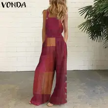 

VONDA Elegant Sleeveless Long Length Wide Leg Rompers With Pockets Baggy Cotton Playsuits Pantalon Spring Long Women Jumpsuits