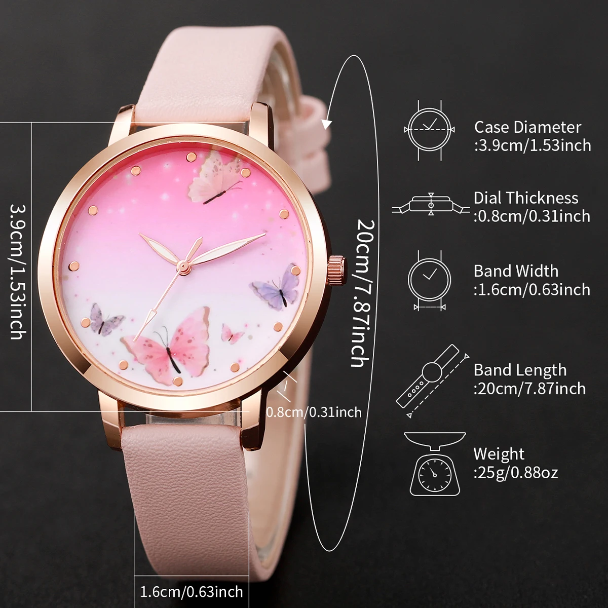 5PCS/Set Women's Watch Fashion Butterfly Dial Leather Band Quartz Watches Jewelry Set（Without Box） 5