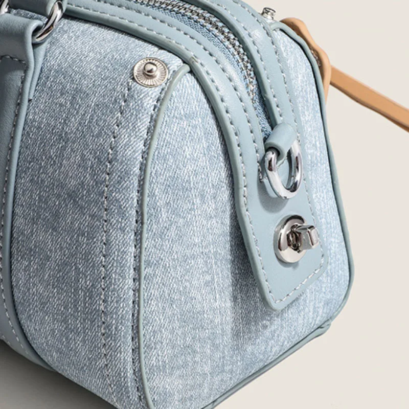 Vintage Design Denim Blue Mini Boston Women'S Hand-Held Shoulder Bag Adjustable Shoulder Strap Crossbody Bag