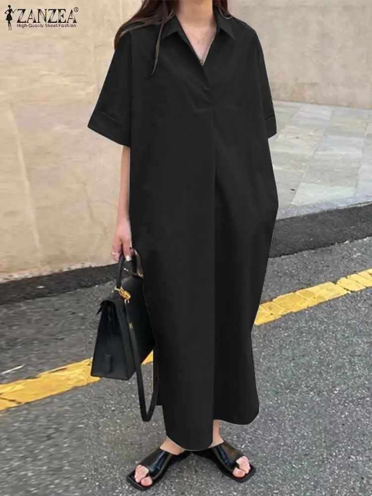 

ZANZEA Fashion 3/4 Sleeve Sundress Woman Elegant Solid Dress Autumn Casual V Neck Mid-Calf Length Robe Female Vintage Vestidos