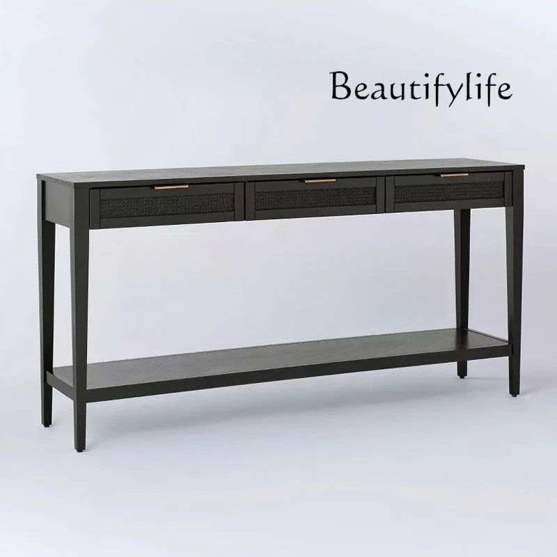 

American Retro Solid Wood Porch Sofa Back Table Modern Minimalist Foyer Doorway Rattan Decoration Table