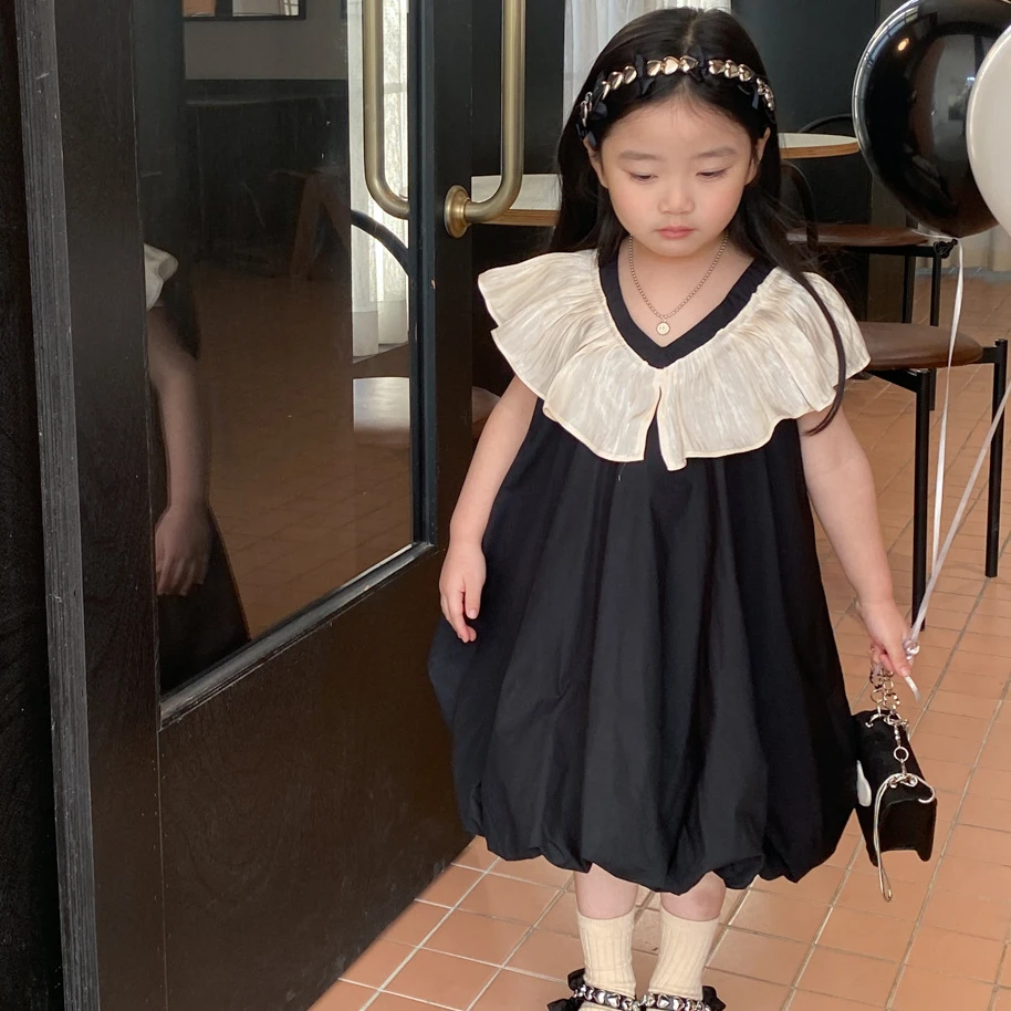 

Children Dress New 2023 Summer Fashion Black Ruffled Girl's Dress Fashion Princess Dress