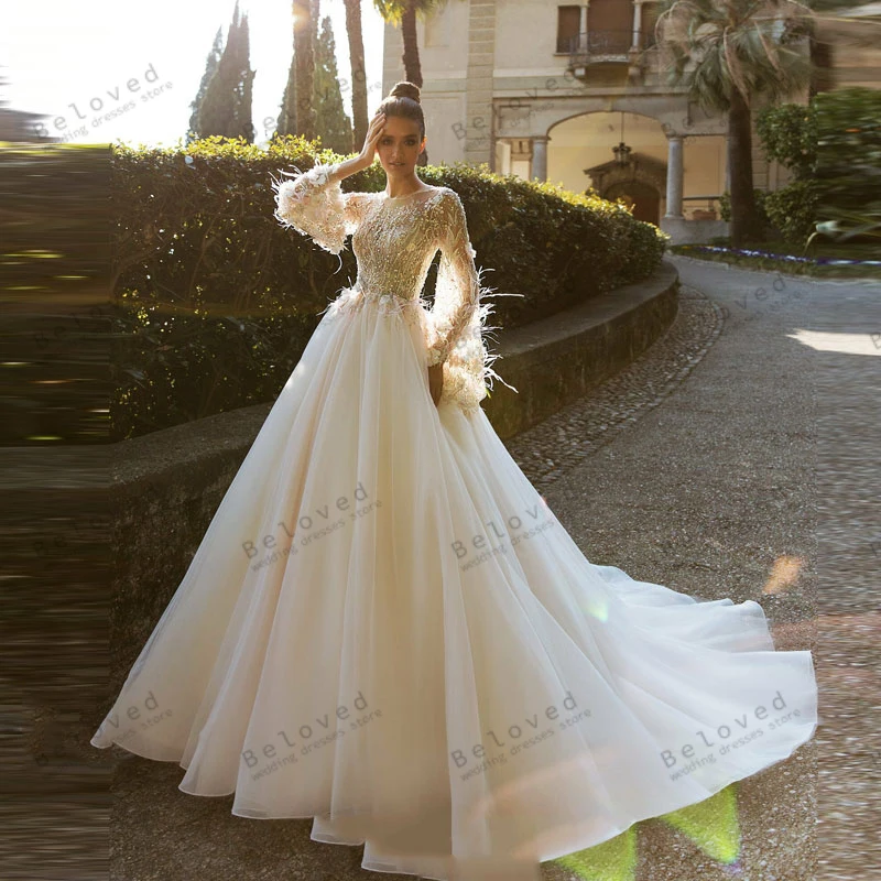 

Gorgeous Wedding Dresses A-Line Princess Bridal Gowns Feather Decorate Robes Lace Appliques Full Sleeves Vestidos De Novia 2024