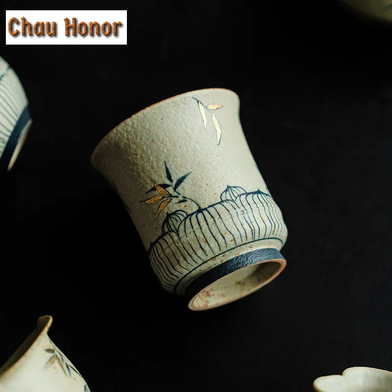 95ml Handmade Gold Drawing Bamboo Shadow Teacup Blue And White Flint Red Ceramic Master's Cup Large Smelling Fragrant Mug Gifts