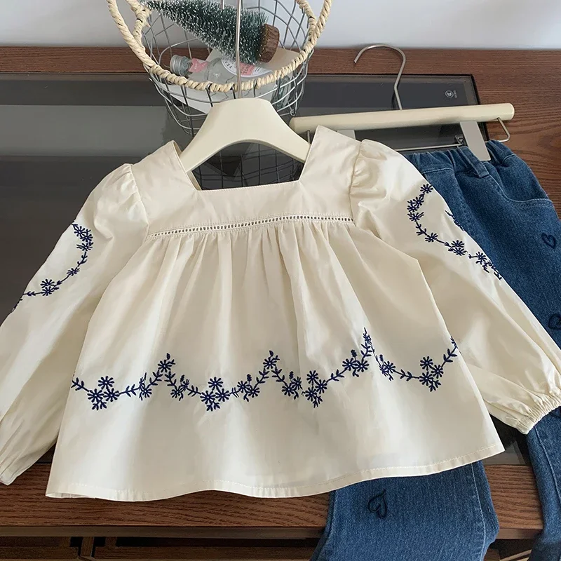 Girls Autumn Embroidered Blouse and Jeans 2Pcs Suit