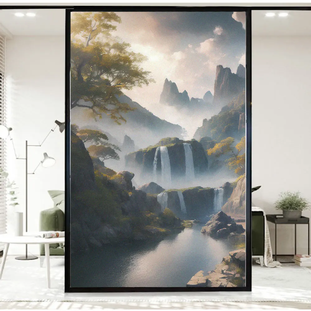 

Privacy Windows Film Anti UV Blocking Heat Control Static Cling Frosted Old Pine TreeWaterfall Window Stickers