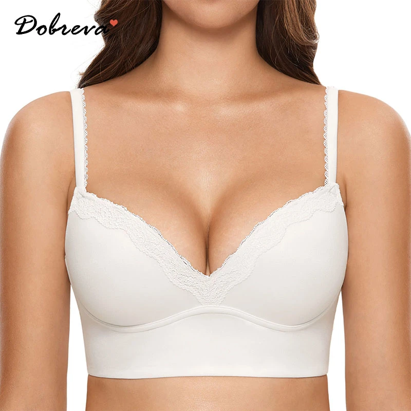 8CM Thickened Lace Push Up Bra Wire-Free for C/D Cup Ultra Soft Lift Bralette with Adjustable Straps, Plunge No Underwire Bra