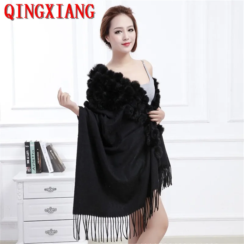 Mother's Gift Triangle Pompon Warm Loose Long Poncho Cloak Women Cashmere Shawl Cape Real Rabbit Fur Ball Tassel Out Streetwear