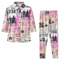 Spring European and American Women's Long Sleeved Newspaper Printed Shirt Set